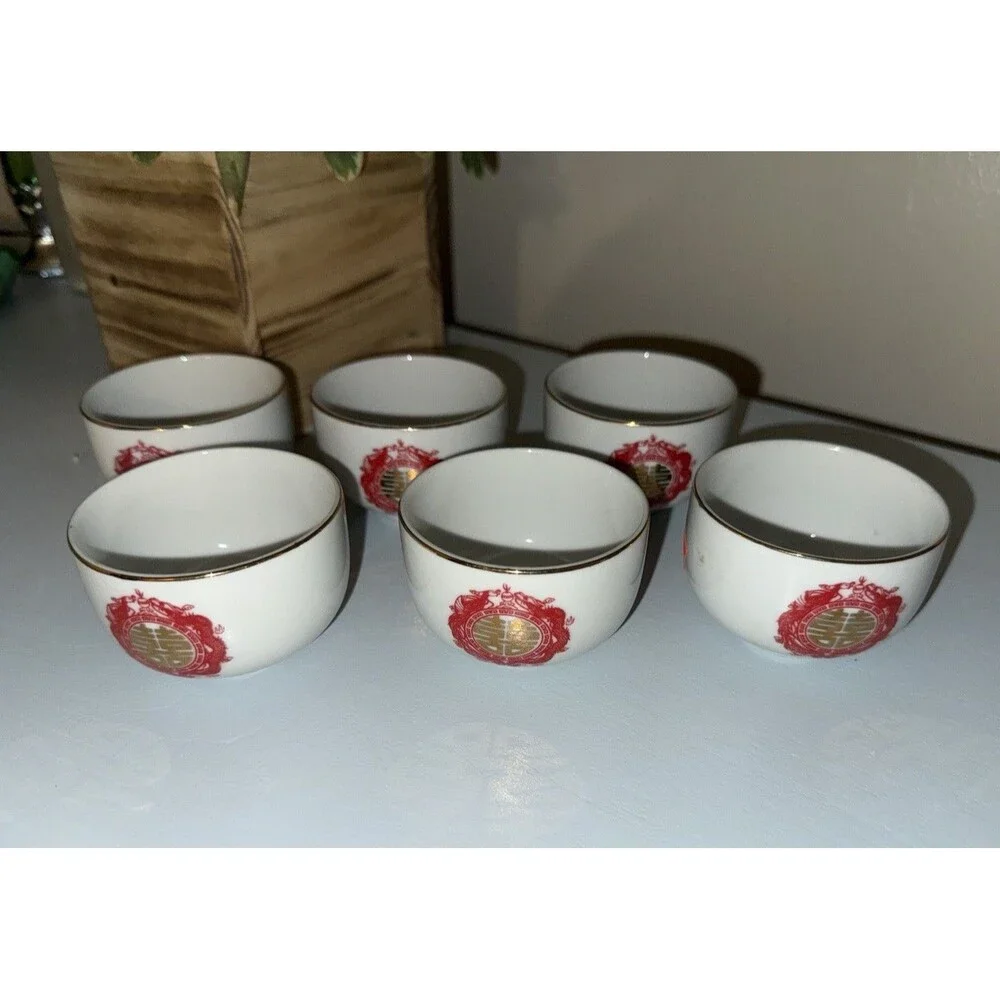 Vintage Chinese Double Happiness Tea Cups Set of 6 Red Gold Porcelain Asian Cups